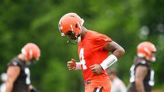 BEREA, OH - JUNE 14: Deshaun Watson #4 of the Cleveland Browns runs a drill during the Cleveland Browns mandatory minicamp at CrossCountry Mortgage Campus on June 14, 2022 in Berea, Ohio.   Nick Cammett/Getty Images/AFP
== FOR NEWSPAPERS, INTERNET, TELCOS & TELEVISION USE ONLY ==