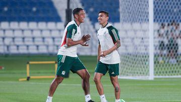 DOHA, QATAR - NOVEMBER 21: Luis Romo and Orbelin Pineda of Mexico smile during the Mexico Training Session at  on November 21, 2022 in Doha, Qatar. (Photo by Khalil Bashar/Jam Media/FIFA via Getty Images)