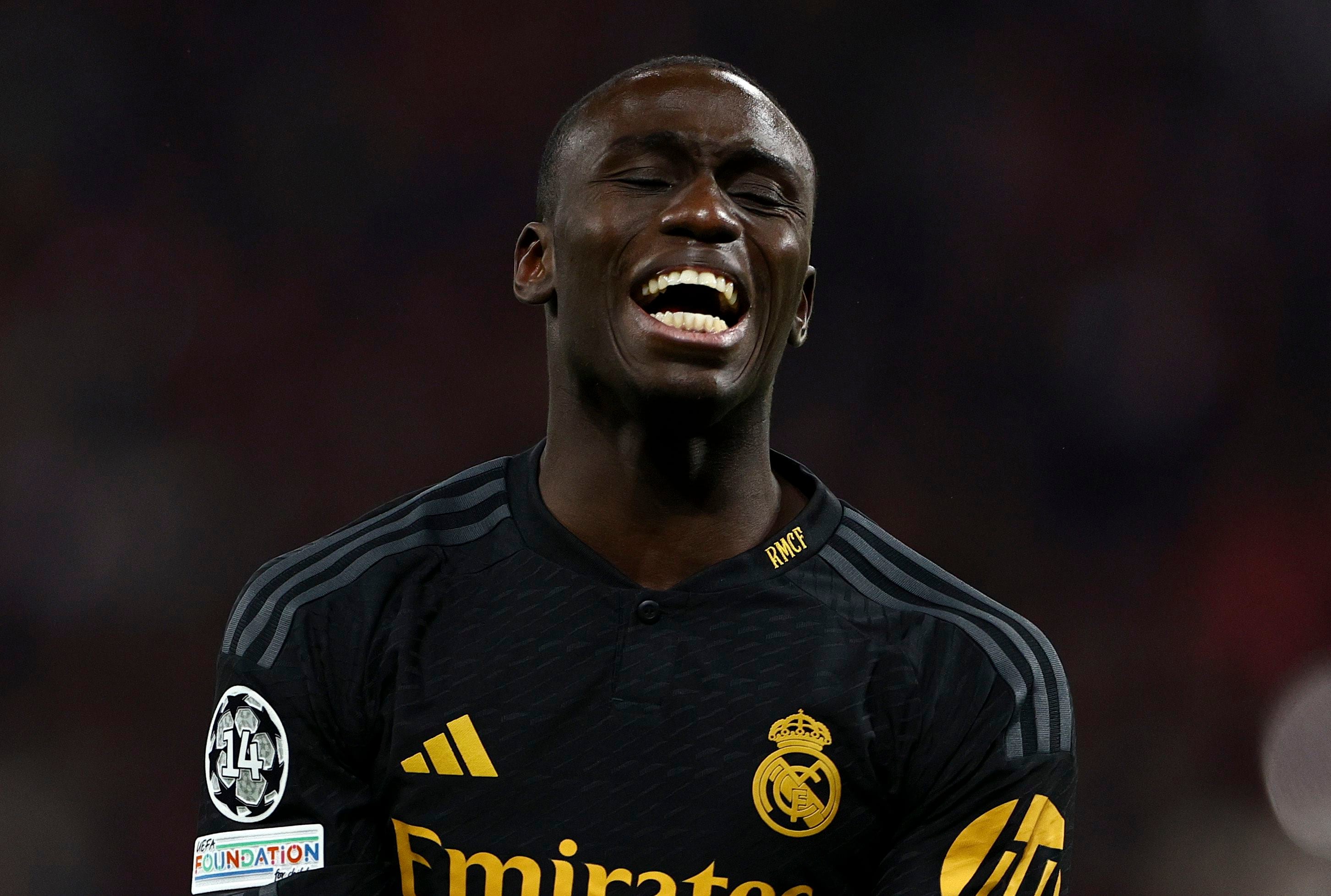 Leipzig (Germany), 13/02/2024.- Real Madrid'Äôs Ferland Mendy reacts during the UEFA Champions League Round of sixteen first leg soccer match between RB Leipzig and Real Madrid in Leipzig, Germany, 13 February 2024. (Liga de Campeones, Alemania) EFE/EPA/FILIP SINGER
