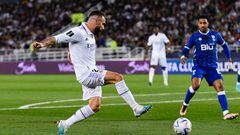 RABAT, MOROCCO - FEBRUARY 11: Daniel Carvajal of Real Madrid (L) attempts a kick during the FIFA Club World Cup Morocco 2022 Final match between Real Madrid v Al Hilal at Prince Moulay Abdellah on February 11, 2023 in Rabat, Morocco. (Photo by Marcio Machado/Eurasia Sport Images/Getty Images)