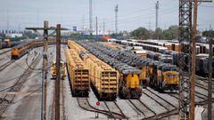 Union Pacific train engines and cars sit idle as they are lined up in rows at a train yard amid the coronavirus pandemic in Salt Lake City, Utah on June 9, 2020. - The Federal Reserve will meet June 9, 2020 for the first time since US states began easing 