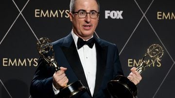 John Oliver poses with the Scripted Variety Series award and the Writing For A Variety Series award for "Last Week Tonight With John Oliver" at the 75th Primetime Emmy Awards in Los Angeles, California, U.S., January 15, 2024. REUTERS/Aude Guerrucci