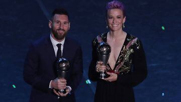 MILAN, ITALY - SEPTEMBER 23:  The Best FIFA Men&#039;s Player of the Year Lionel Messi and The Best FIFA Women&#039;s Player of the Year Megan Rapinoe pose for the photos at the end of The Best FIFA Football Awards 2019 on September 23, 2019 in Milan, Ita