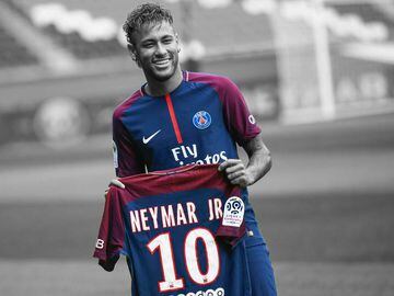 TOPSHOT - Brazilian superstar Neymar poses with his new jersey during his official presentation at the Parc des Princes stadium on August 4, 2017 in Paris after agreeing a five-year contract following his world record 222 million euro ($260 million) transfer from Barcelona to Paris Saint Germain&#039;s (PSG). Paris Saint-Germain have signed Brazilian forward Neymar from Barcelona for a world-record transfer fee of 222 million euros (around $264 million), more than doubling the previous record. Neymar said he came to Paris Saint-Germain for a &quot;bigger challenge&quot; in his first public comments since arriving in the French capital. / AFP PHOTO / Lionel BONAVENTURE        (Photo credit should read LIONEL BONAVENTURE/AFP/Getty Images)