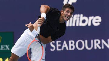 MIAMI GARDENS, FL - MARCH 23: Christian Garin (Chile) during his first round match of the Miami Open on March 23, 2023 at Hard Rock Stadium in Miami Gardens, Florida. (Photo by Michele Eve Sandberg/Icon Sportswire via Getty Images)