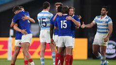 France&#039;s players react after winning the Japan 2019 Rugby World Cup Pool C match between France and Argentina at the Tokyo Stadium in Tokyo on September 21, 2019. (Photo by CHARLY TRIBALLEAU / AFP)