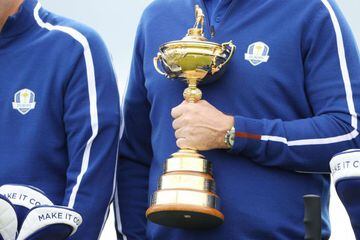 Padraig Harrington, Europe's team captain, holds the trophy ahead of the 2021 Ryder Cup at Whistling Straits.