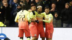 04 March 2020, England, Sheffield: Manchester City&#039;s Sergio Aguero (2nd R) celebrates scoring his side&#039;s first goal with team-mates during the English FA Cup fifth round soccer match between Sheffield Wednesday and Manchester City at Hillsboroug