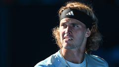 Alexander Zverev of Germany reacts while playing against Jordan Thompson of Australia during their men�s singles match on the first day of the ATP Japan Open tennis tournament in Tokyo on October 16, 2023. (Photo by Richard A. Brooks / AFP)