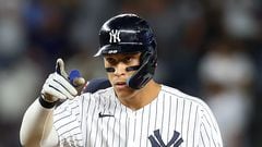 NEW YORK, NEW YORK - SEPTEMBER 08: Aaron Judge #99 of the New York Yankees reacts after hitting a double to left field in the eighth inning against the Minnesota Twins at Yankee Stadium on September 08, 2022 in the Bronx borough of New York City.   Mike Stobe/Getty Images/AFP