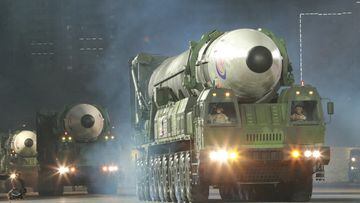 Hwasong-17 intercontinental ballistic missiles take part in a nighttime military parade to mark the 90th anniversary of the founding of the Korean People's Revolutionary Army in Pyongyang.