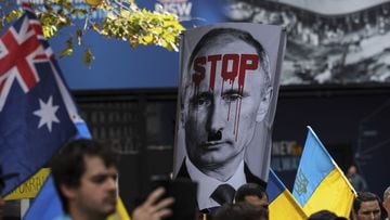 Protesters against war in Ukraine gather at Martin Place on March 19, 2022 in Sydney, Australia.