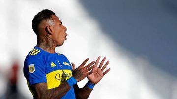 Boca Juniors' Colombian Sebastian Villa gestures during the Argentine Professional Football League final match between Boca Juniors and Tigre at Mario Alberto Kempes stadium in Cordoba, Argentina on May 22, 2022. (Photo by Diego Lima / AFP) (Photo by DIEGO LIMA/AFP via Getty Images)