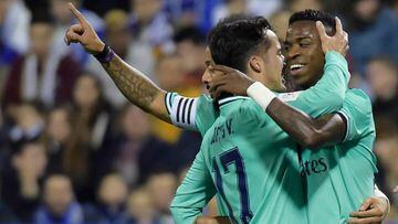 Vinicius (right) celebrates his goal with Real Madrid team-mates Lucas Vázquez (centre) and Marcelo.