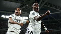 Rodrygo y Vinicius celebran el gol que el segundo marcó al Manchester City en la ida de la semifinal de la Champions.
