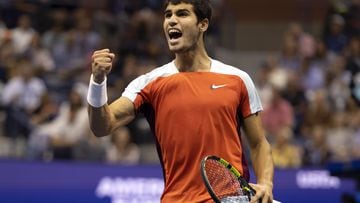 Carlos Alcaraz celebrates a point against Casper Ruud during their Men's Singles Final match on Day Fourteen of the 2022 US Open.