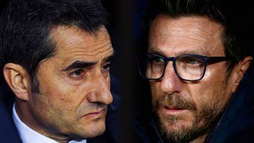 Head coach Ernesto Valverde of FC Barcelona and Eusebio Di Francesco, coach of AS Roma.