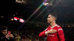MANCHESTER, ENGLAND - MAY 02:   Cristiano Ronaldo of Manchester United salutes the fans at the end of the Premier League match between Manchester United and Brentford at Old Trafford on May 2, 2022 in Manchester, United Kingdom. (Photo by Ash Donelon/Manchester United via Getty Images)
