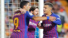 Lionel Messi, Luis Su&aacute;rez y Philippe Coutinho festejan un gol del FC Barcelona.