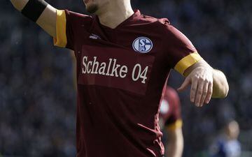 KARLSRUHE, GERMANY - FEBRUARY 26: A detailed view of a plain FC Schalke 04 shirt after the club removed the logo of its main sponsor GAZPROM from its jerseys in view of the recent events in the Ukraine during the Second Bundesliga match between Karlsruher