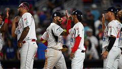 Panama players celebrate after winning the Caribbean Series baseball game between the Dominican Republic and Panama at LoanDepot Park in Miami, Florida, on February 7, 2024. (Photo by Chandan Khanna / AFP)