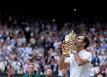 Federer pictured after winning the Men's Singles Final at Wimbledon last year.