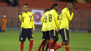 Jugadores de la Selecci&oacute;n Colombia Sub 20 en un partido amistoso ante Ecuador