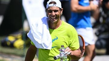 Rafael Nadal during a training session at The All England Tennis Club in Wimbledon.