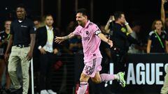Inter Miami's Argentine forward Lionel Messi celebrates after scoring a goal during the Leagues Cup Group J football match between Inter Miami CF and Cruz Azul at DRV PNK Stadium in Fort Lauderdale, Florida, on July 21, 2023. (Photo by Chandan KHANNA / AFP)