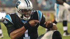 JACKSONVILLE, FL - AUGUST 24: Cam Newton #1 of the Carolina Panthers celebrates a touchdown during a preseason game against the Jacksonville Jaguars at EverBank Field on August 24, 2017 in Jacksonville, Florida.   Sam Greenwood/Getty Images/AFP == FOR NEWSPAPERS, INTERNET, TELCOS &amp; TELEVISION USE ONLY ==