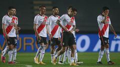 River Plate players leave the field after losing to Boca Juniors in a penalty shootout during a Copa Argentina soccer match at Ciudad de la Plata stadium in La Plata, Argentina, Wednesday, Aug. 4, 2021. (Demian Alday/Pool via AP)