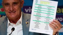 RIO DE JANEIRO, BRAZIL - NOVEMBER 07: Tite coach of Brazil shows the list with the players during a press conference to announce the squad for FIFA Qatar 2022 World Cup on November 07, 2022 in Rio de Janeiro, Brazil. (Photo by Buda Mendes/Getty Images)