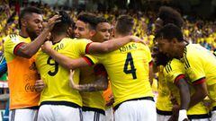 Los jugadores de la Selecci&oacute;n Colombia celebrando el gol marcado a Brasil en las Eliminatorias rumbo a Rusia 2018