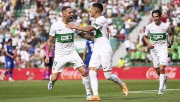 ELCHE, SPAIN - MAY 22: Lucas Olaza of Elche CF celebrates after scoring their first side goal during the LaLiga Santander match between Elche CF and Getafe CF at Estadio Manuel Martinez Valero on May 22, 2022 in Elche, Spain. (Photo by Aitor Alcalde/Getty