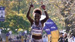 Women&#039;s division winner Peres Jepchirchir of Kenya crosses the finish line during the 2021 TCS New York City Marathon in New York on November 7, 2021. - After a forced break in 2020, the New York City Marathon is back on for its 50th edition, and wit
