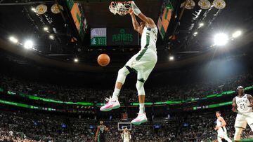 BOSTON, MA - MAY 1: Giannis Antetokounmpo #34 of the Milwaukee Bucks dunks the ball during the game against the Boston Celtics during Game One of the 2022 NBA Playoffs Eastern Conference Semifinals on May 1, 2022 at the TD Garden in Boston, Massachusetts.