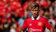 MANCHESTER, ENGLAND - AUGUST 07: Lisandro Martinez of Manchester United in action during the Premier League match between Manchester United and Brighton & Hove Albion at Old Trafford on August 07, 2022 in Manchester, England. (Photo by Ash Donelon/Manchester United via Getty Images)