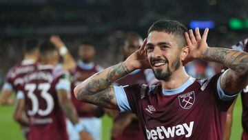 LONDON, ENGLAND - OCTOBER 27: West Ham United's Manuel Lanzini celebrates scoring his side's first goal during the UEFA Europa Conference League group B match between West Ham United and Silkeborg IF at London Stadium on October 27, 2022 in London, United Kingdom. (Photo by Rob Newell - CameraSport via Getty Images) 

XYZ