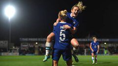 KINGSTON UPON THAMES, ENGLAND - NOVEMBER 23: Sophie Ingle of Chelsea celebrates with teammate Erin Cuthbert after scoring her team's first goal during the UEFA Women's Champions League group A match between Chelsea FC and Real Madrid at Kingsmeadow on November 23, 2022 in Kingston upon Thames, England. (Photo by Harriet Lander - Chelsea FC/Chelsea FC via Getty Images)