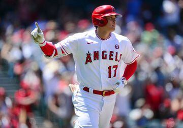 Jul 4, 2021; Anaheim, California, USA; Los Angeles Angels designated hitter Shohei Ohtani (17) reacts after hitting a solo home run against the Baltimore Orioles during the third inning at Angel Stadium. Mandatory Credit: Gary A. Vasquez-USA TODAY Sports