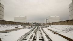 Snow covered transfer lines leading to storage tanks at the Dominion Cove Point Liquefied Natural Gas (LNG) terminal in Lusby, Maryland.