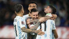 Argentina&#039;s Lionel Messi, center, celebrates with his teammates his side&#039;s 3rd goal against Venezuela during a qualifying soccer match for the FIFA World Cup Qatar 2022, at the Bombonera stadium in Buenos Aires, Argentina, Friday, March 25, 2022