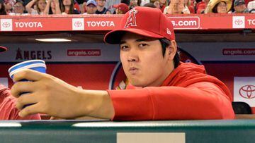 (FILES) Shohei Ohtani sits on the bench in the fourth inning during a game against the Detroit Tigers at Angel Stadium of Anaheim in Anaheim, California, on September 16, 2023. Japanese baseball superstar Shohei Ohtani underwent surgery to repair his injured elbow on September 19, 2023, with a top sports injury surgeon stating that the Los Angeles Angels ace will be ready to hit and pitch again in 2025. Ohtani has not pitched since being diagnosed with a torn ligament in his right elbow last month, and has since been shut down for the remainder of the regular season after suffering a side strain. (Photo by John MCCOY / GETTY IMAGES NORTH AMERICA / AFP)