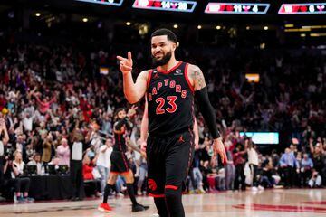TORONTO, ON - APRIL 12: Fred VanVleet #23 of the Toronto Raptors reacts after hitting a three point shot at the end of the second quarter against the Chicago Bulls during the 2023 Play-In Tournament at the Scotiabank Arena on April 12, 2023 in Toronto, Ontario, Canada. NOTE TO USER: User expressly acknowledges and agrees that, by downloading and/or using this Photograph, user is consenting to the terms and conditions of the Getty Images License Agreement.   Andrew Lahodynskyj/Getty Images/AFP (Photo by Andrew Lahodynskyj / GETTY IMAGES NORTH AMERICA / Getty Images via AFP)
