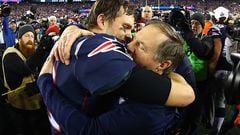 FOXBOROUGH, MA - JANUARY 21:  Tom Brady #12 of the New England Patriots celebrates with head coach Bill Belichick after winning the AFC Championship Game against the Jacksonville Jaguars at Gillette Stadium on January 21, 2018 in Foxborough, Massachusetts.  (Photo by Maddie Meyer/Getty Images)