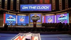 May 8, 2014; New York, NY, USA; A general view of a helmet, NFL shield, stage, and podium before the start of the 2014 NFL Draft at Radio City Music Hall. Mandatory Credit: Adam Hunger-USA TODAY Sports