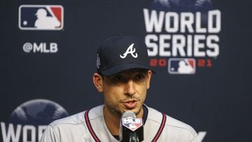 Atlanta Braves starting pitcher Charlie Morton (50) talks with media during  workouts before Game 1 of the World Series against the Houston Astros at Minute Maid Park.