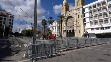 A picture taken on October 29, 2020 in the Tunisian capital Tunis, shows the Cathedral of Saint Vincent de Paul and the surrounding streets, empty after new security measures were taken by the authorities in a bid to slow the spread of the novel coronavir