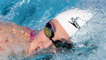 (FILES) In this file photo taken on July 25, 2018  Missy Franklin competes in the Women 100 LC Meter Freestyle during day 1 of the Phillips 66 National Swimming Championships at the Woollett Aquatics Center in Irvine, California. - Former world and Olympi