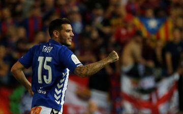 Theo celebrates his thunderous free-kick against Barça.